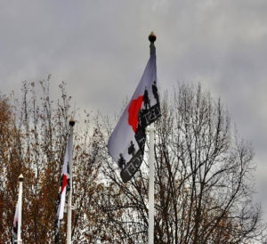 A Remembrance flag blows in the wind.