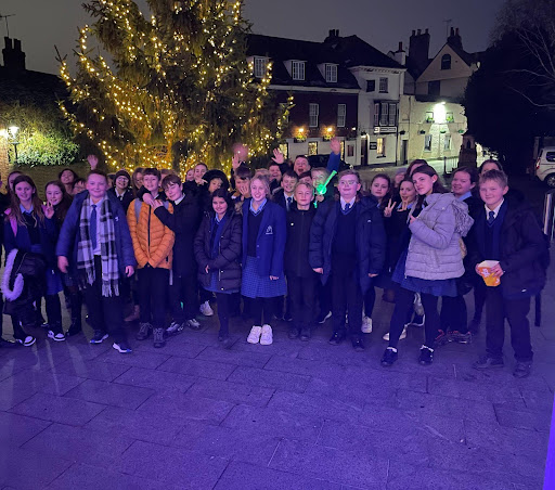 Mascalls students are pictured posing for a group photo after seeing a performance of 'Sleeping Beauty' at the Marlowe Theatre in Canterbury.